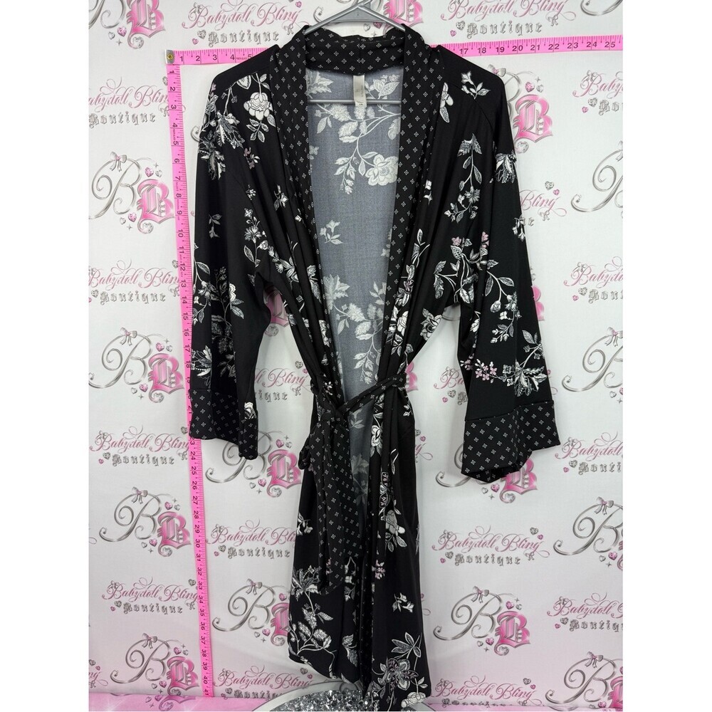 Flora Nikrooz Black Floral Satin Kimono Robe